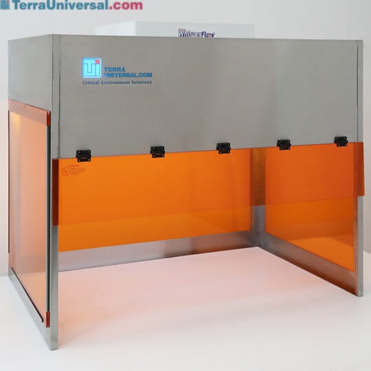 BioSafe® benchtop vertical laminar flow hood with amber acrylic panels to filter out UV and blue light; protects light sensitive materials from degrading  |  1688-AA-4830 displayed