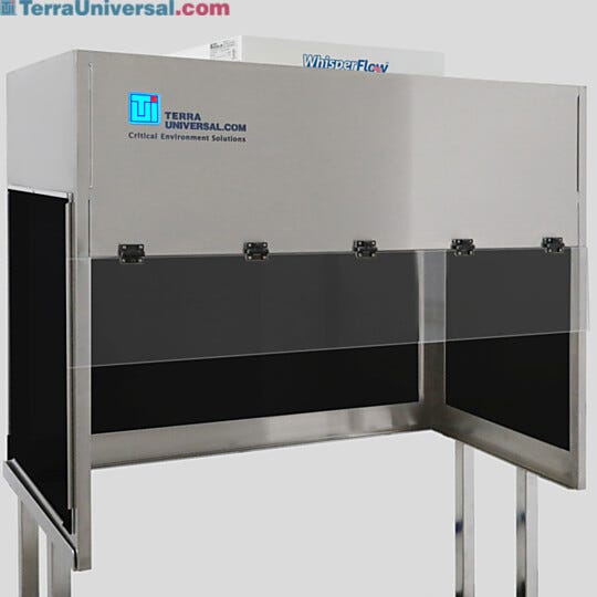BioSafe® benchtop vertical laminar flow hood with opaque black acrylic panels to block ambient light; front shield is transparent static-dissipative PVC  |  1688-BA-4830 displayed
