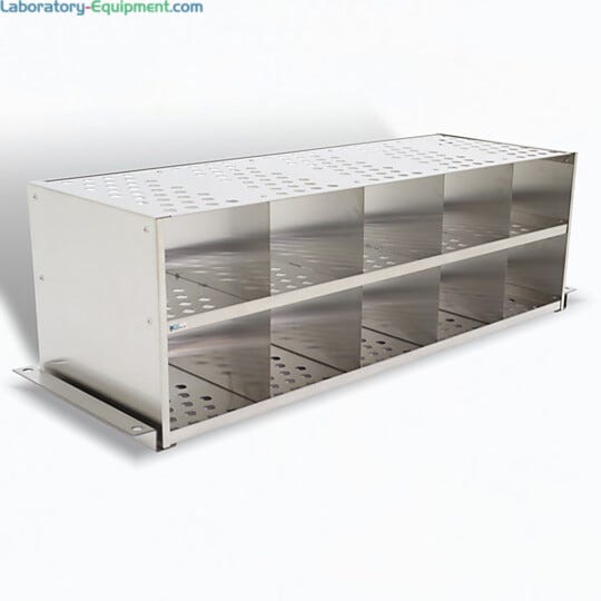 304 stainless steel bootie rack with glides for retrofitting to gowning bench, perforated surface with 10 cubbies  |  1560-41 displayed