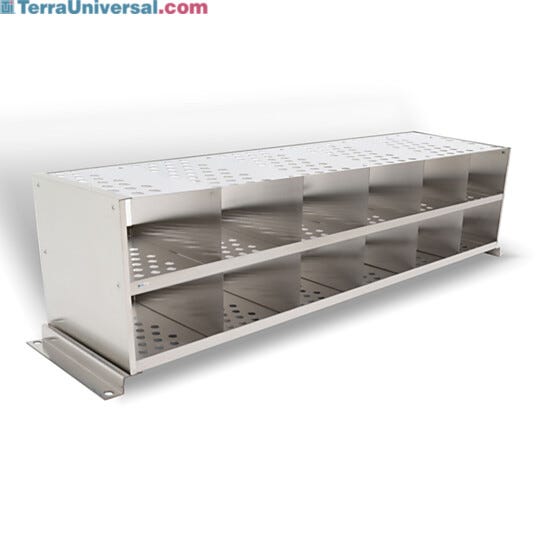 304 stainless steel bootie rack with glides for retrofitting to gowning bench, perforated surface with 12 cubbies  |  1560-42 displayed