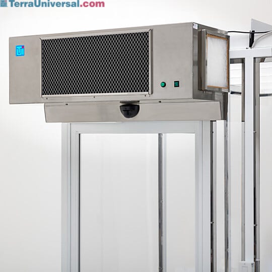High-Velocity Cleanroom Air Curtain (stainless steel) shown installed on Terra’s Hardwall Cleanroom  |  6601-50A displayed