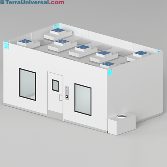 Modular BioSafe Wall Panel cleanroom configured with FFUs, light panels, and air plenum included for a turnkey compounding room  |  2899-20 displayed