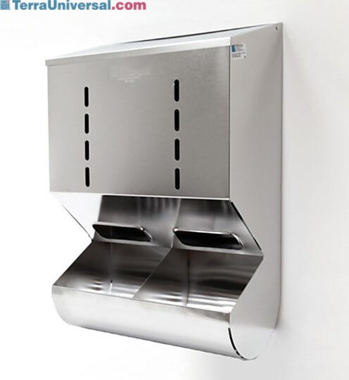 Stainless Steel Wall Mounted 2 Chamber Glove Dispenser with Catch Tray  |  4951-38-2-316 displayed