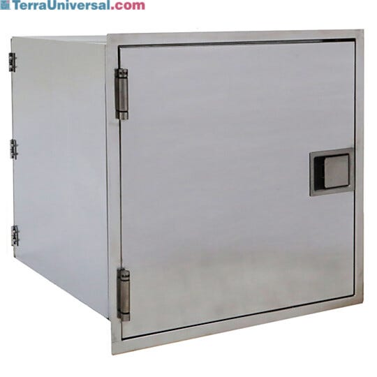 Fire-rated pass-through chamber, 24"W x 26.5"D x 24"H, is designed for installation in a fire-rated cleanroom or laboratory wall | 1993-73A displayed