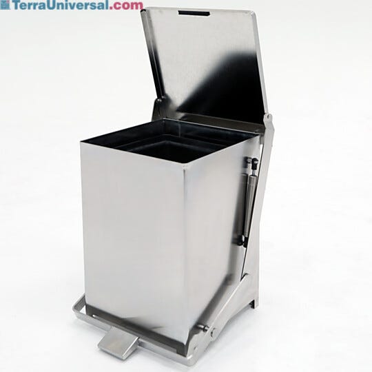 Electropolished ISO 4 stainless steel rectangular hands-free waste receptacle with pneumatic soft-closing lid, 12"W x 12"D x 17"H  |  1456-16B displayed