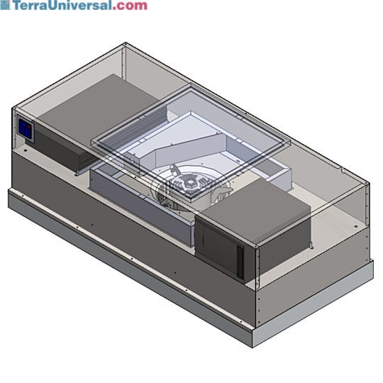 Uninterruptible Power Supply (UPS) mounted on top of FFU; main UPS unit plus add-on battery for extended runtime; status indicator lights provide visual alerts  |  6601-24A-HSS-EC-BP displayed