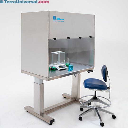 ISO 5 BioSafe Universal Hood (48"-wide model) shown installed on an optional ErgoHeight® workstation  |  1675-60-48 displayed