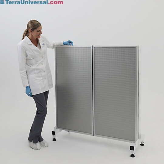 Front side of horizontal laminar flow module; 2 HEPA fan filter units mounted on a base stand