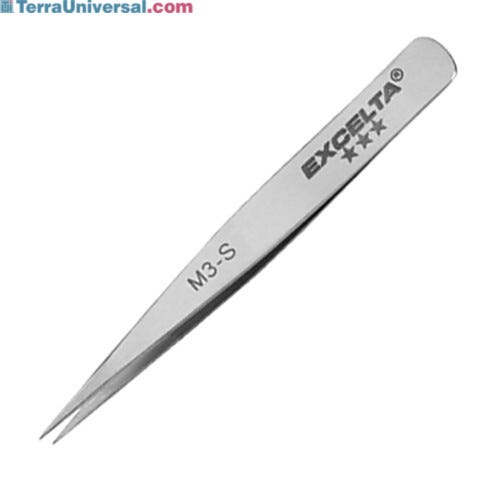 Tweezers feature straight fine tips. Made from 400 series (magnetic) Stainless Steel which has a slightly higher carbon content and produces a sturdy tip  |  9302-44 displayed