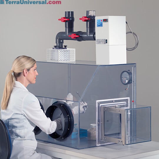 Adjustable airflow glove box provides open- or closed-loop filtration (single-pass or recirculation); shown in recirculation mode