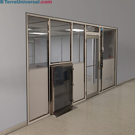 Custom cleanroom wall partition with 2" square stainless steel frame, passthrough chamber and door; panels top half static-dissipative PVC, bottom half  |  6600-11 displayed