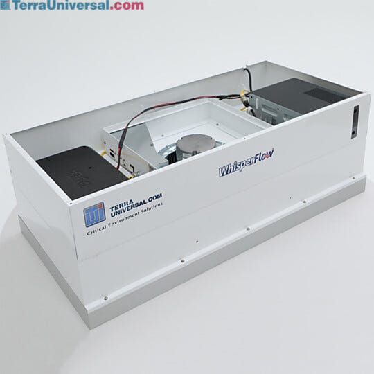 Uninterruptible Power Supply (UPS) mounted on top of FFU; main UPS unit plus add-on battery for extended runtime; status indicator lights provide visual alerts | 6601-24A-H-EC-BP displayed