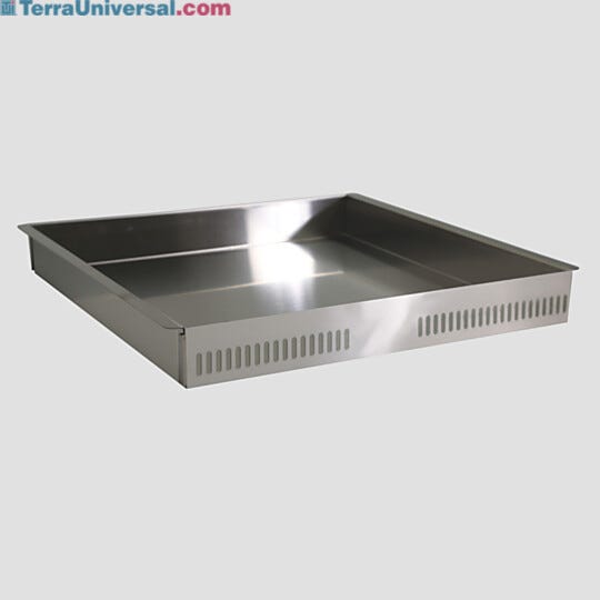 304 Stainless steel solid-bottom tray with extra depth for desiccators 21.3" W x 14.5" D x 2.6" H, single-sided perforation | 1978-04 displayed