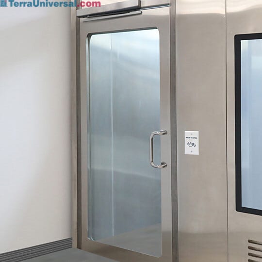 Left hand reverse stainless steel cleanroom door with a full view window  |  1997-87-HW-L displayed