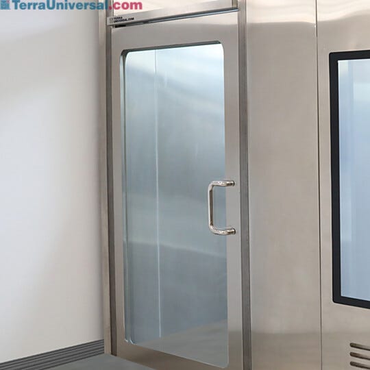 Stainless steel left hand reverse manual cleanroom door with a full view window  |  6602-78-L displayed