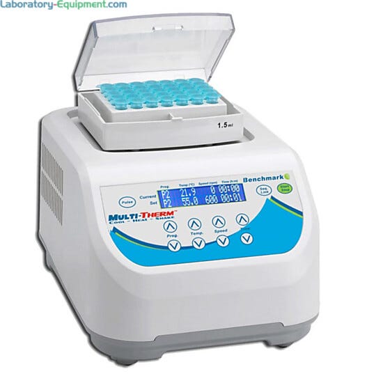 Benchmark Scientific’s Multi-Therm™ Vortexer provides temperature controlled mixing at speeds up to 1500 rpm  |  2824-01 displayed