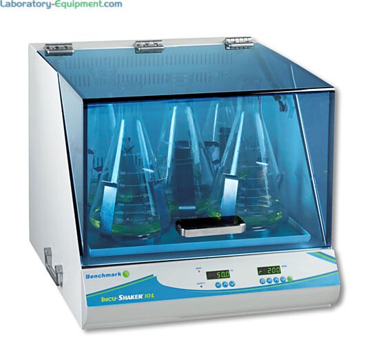 Benchmark Scientific’s Incu-Shaker™ 10L offers digital temperature control with variable shaking speed (shown with optional flask clamps)  |  2823-PP-12 displayed