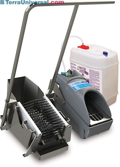 The SmartStep footwear sanitizing system is shown with optional boot scrubber and stainless steel handle
