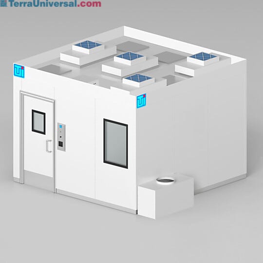 USP 800 Cleanroom Connecting to External Exhaust for Negative Pressure While Plenum Simplifies Utility Access and HEPA Filters Maintain Air Quality  |  2899-PP-03 displayed