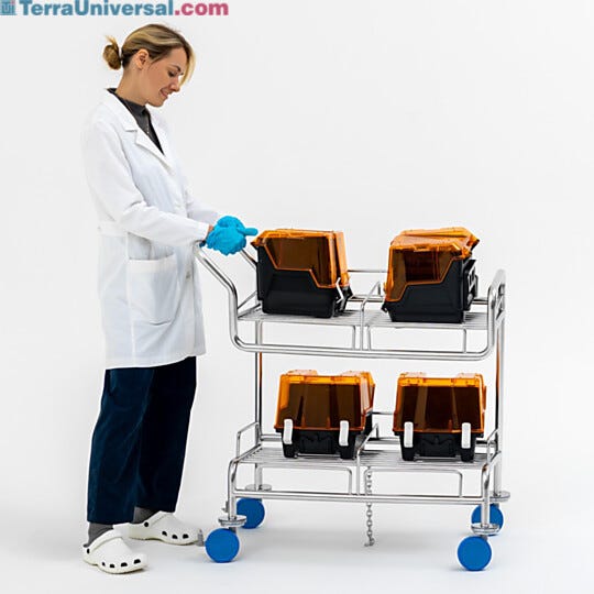 Round tubes provide smoother surfaces for reduced particle accumulation. Electropolished stainless steel cart with angled shelves secures wafer boats  |  9600-14A displayed
