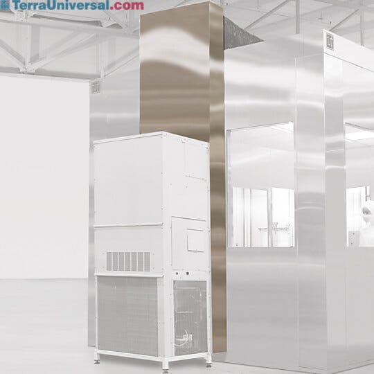 Stainless steel vertical air return connected to an air conditioning unit to recirculate air within the cleanroom  |  6602-62 displayed