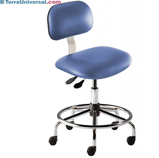 ANSI and LEED compliant Biofit Bridgeport BTS-M-RC ISO 6 Lab Chair features Grade 2 blue vinyl, casters, footring, a steel base and a 21-28" seat height range | 2807-63 displayed