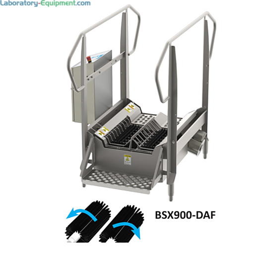 Stainless steel BSX900 Compact Walk Through Dual Sole Boot Scrubber by Best Sanitizers with 2 long horizontal brushes accommodates 15-25 users per minute, 115V | 5608-31 displayed