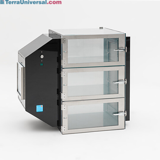 Static-dissipative PVC 3-chamber curing and drying cabinet with black acrylic inlet/outlet filter/blower housing, 120VAC, 50/60Hz  |  6082-24A displayed