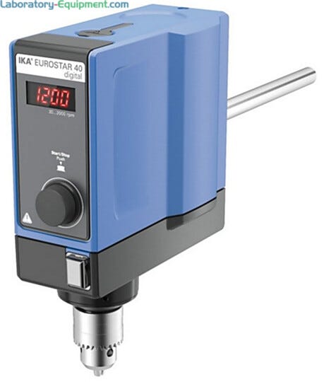 Ideal for basic, low-volume stirring tasks, IKA EUROSTAR 40 digital Overhead Stirrer with a 25L capacity features an infinitely adjustable speed control  |  6926-25 displayed