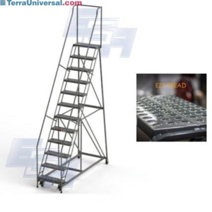 EGA all-welded steel Industrial Rolling Ladders with perforated EZY-Tread and a 450-lb capacity available in 2 to 12-step models with 3" spring loaded casters