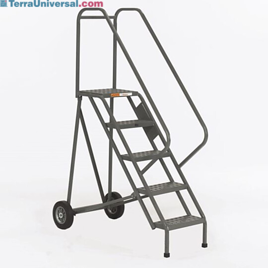 OSHA Steel Folding Ladders with handrails, EZY-Tread or Grip-Strut by EGA Products in 5- to 12-step models, 10" diameter wheels and 1" square tube construction  |  2812-PP-04 displayed