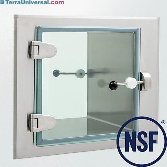 Pass-through utilizes a pivoting bar latch with large ergonomic handle on each door that rotates into the catcher  |  2627-PP-01 displayed