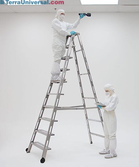 BioSafe nine step folding ladder provides access to cleanroom ceiling for maintenance operations  |  2805-49 displayed