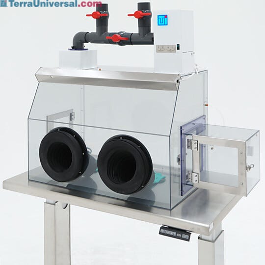 Glove box with filtration module adjustable to single-pass or continuous recirculation operation, shown with optional air lock  |  3306-62 displayed
