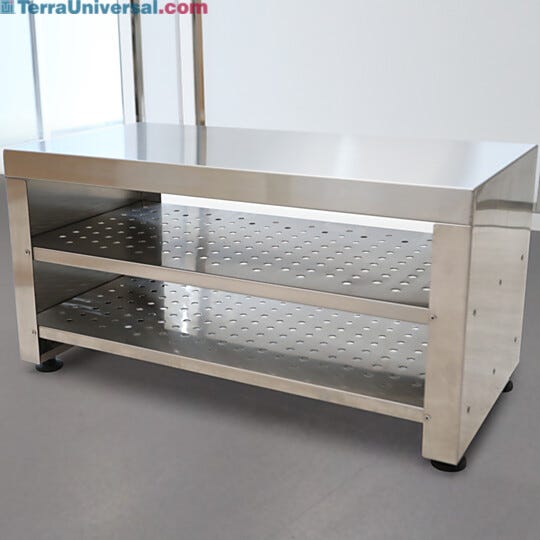 Solid-top 36"L gowning bench includes perforated shelves for bootie storage  |  1540-15 displayed