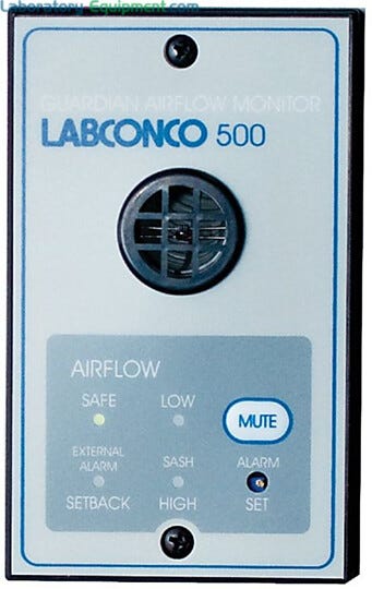 115V and 230V Guardian 500 Airflow Monitor by Labconco factory-prepared cutout on upper portion of Protector and Xstream Hoods; #9723213 and #9743214  |  3646-56 displayed