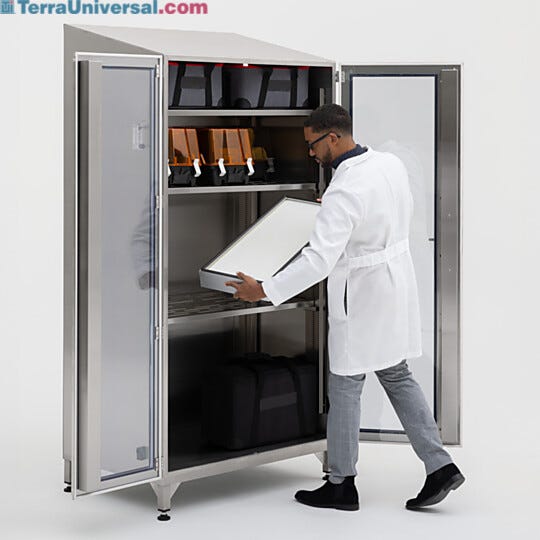 Shelves can be adjusted by operator to accommodate to product size