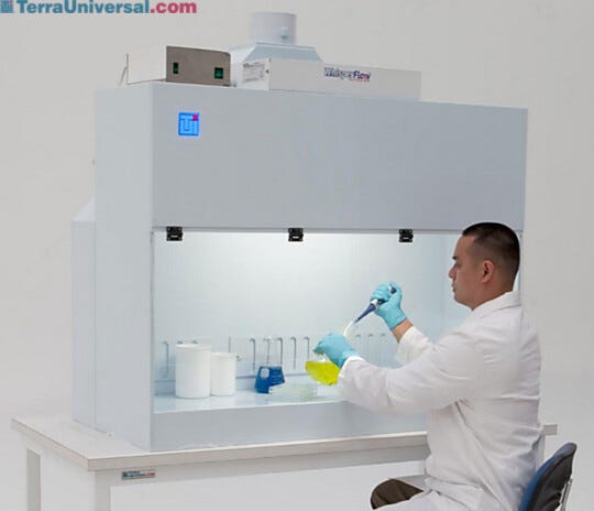 Shown: Polypropylene Containment Hood with fan/filter unit (sold separately), installed on optional work surface  |  2101-21 displayed