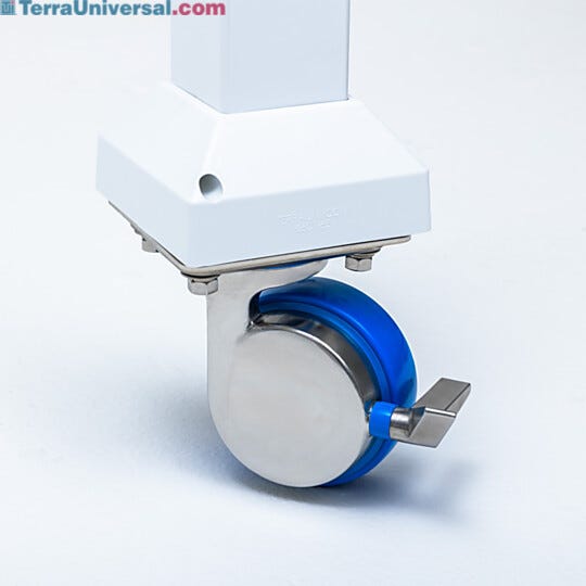 Hygienic caster with a stainless steel finish and a polyamide and polyurethane wheel offers strength and chemical-resistance for softwall cleanrooms  |  2807-91 displayed