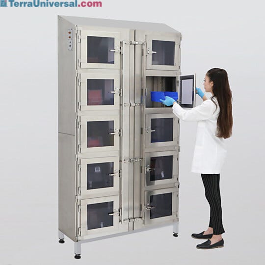 Ten chamber ISO 6 stainless steel desiccator cabinet with adjustable shelves; door-on-door design minimizes contamination Influx with adjustable shelves  |  1990-24A displayed