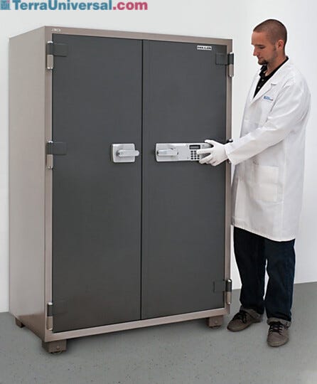 The Double-Door Fire-rated Safety Cabinet features heavy-duty locking bolts that secure the door's perimeter to the chamber  |  6500-16 displayed