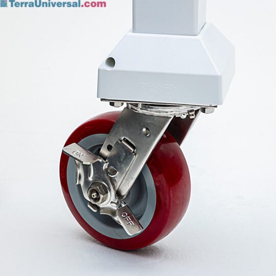 Stainless steel swivel casters feature 6" non-shedding polyurethane wheels and raise cleanroom 7.125"  |  6704-08 displayed