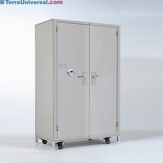 This all-stainless Steel Security Cabinet features a lock with fingerprint scanner for secure storage of pharmaceuticals  |  1989-10 displayed