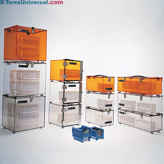 Stackable portable plastic desiccator dry box chambers maintain clean, dry environment during parts transit  |  9302-20B displayed