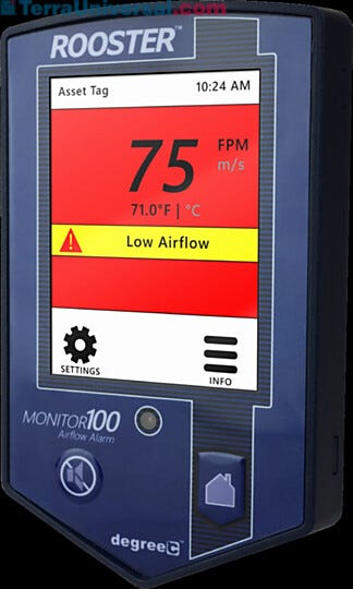 Color touchscreen display of the Rooster Monitor100 showing airflow measurement, temperature, and low airflow alarm | 6704-65A displayed