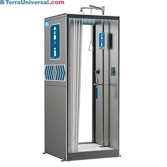 Stainless steel safety shower rinses off any chemical, acid, or other contaminants  |  1532-62 displayed