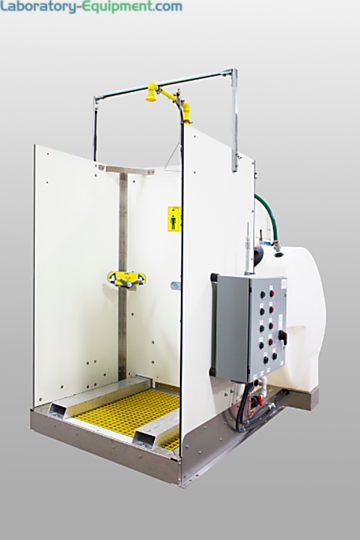 The self contained indoor safety shower is skid mounted for better grip