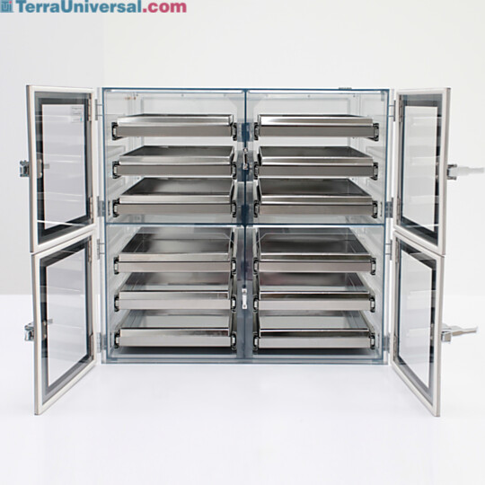 Semiconductor desiccator cabinet with faraday cage, 4 chambers with 2" deep sliding trays, for storage of sensitive microelectronics  |  2517-34A displayed