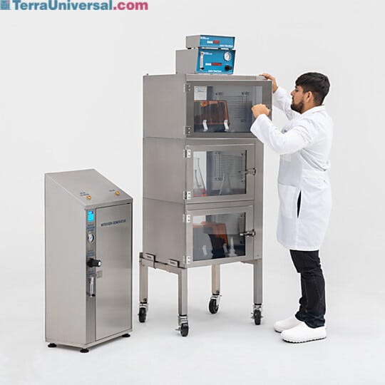 Series 400 three chamber stainless-steel desiccator cabinet provides multi-chamber humidity control  |  1609-02BNP displayed