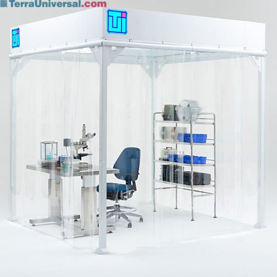 Softwall cleanroom workspace with lab workbench, microscope, cleanroom chair, and stainless steel shelving  |  6600-66-VL-0808 displayed